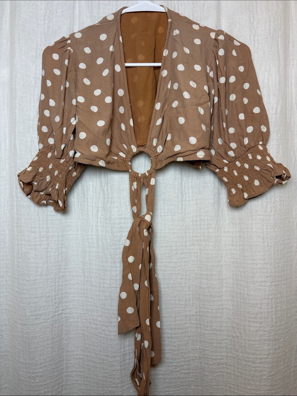 Tularosa Nanette Polka Dot Crop Blouse Latte Brown White Wrap Top
